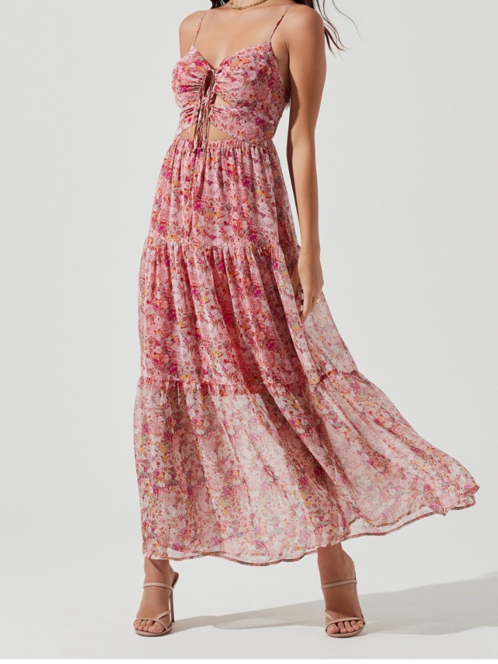 ASTR Pink Floral Tiered Maxi Dress with Front Tie